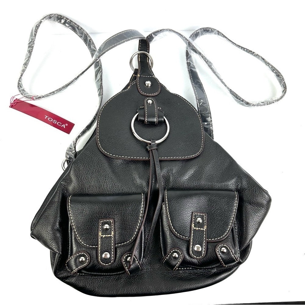 Tosca Backpack Black Vegan Leather Handbag‎ Rucksack Day Travel Brand New